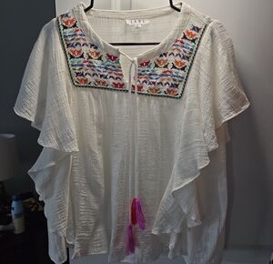 THML White Embroidered Square-Yoke Ruffle Blouse with Tassels